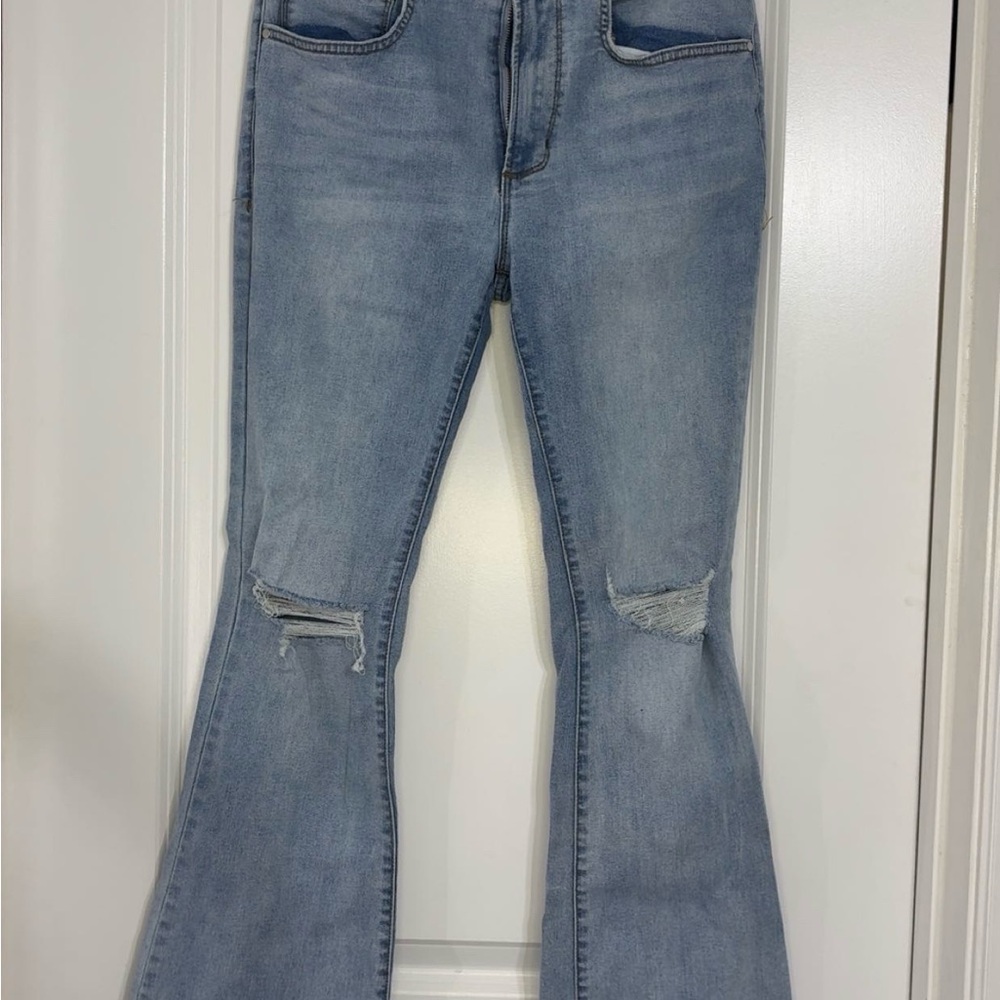 Stylish Light Blue Distressed Flare Jeans